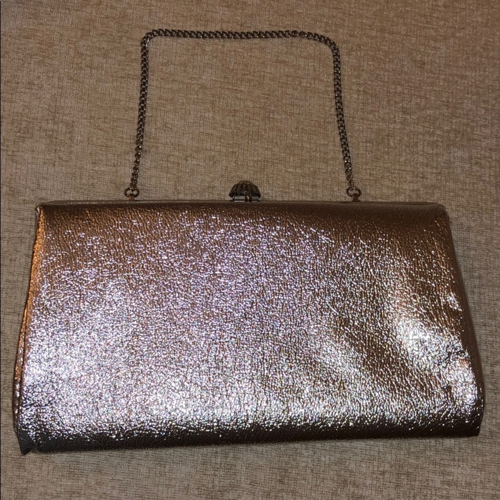 Silver Metallic Foil Chain Clutch with Diamond Top